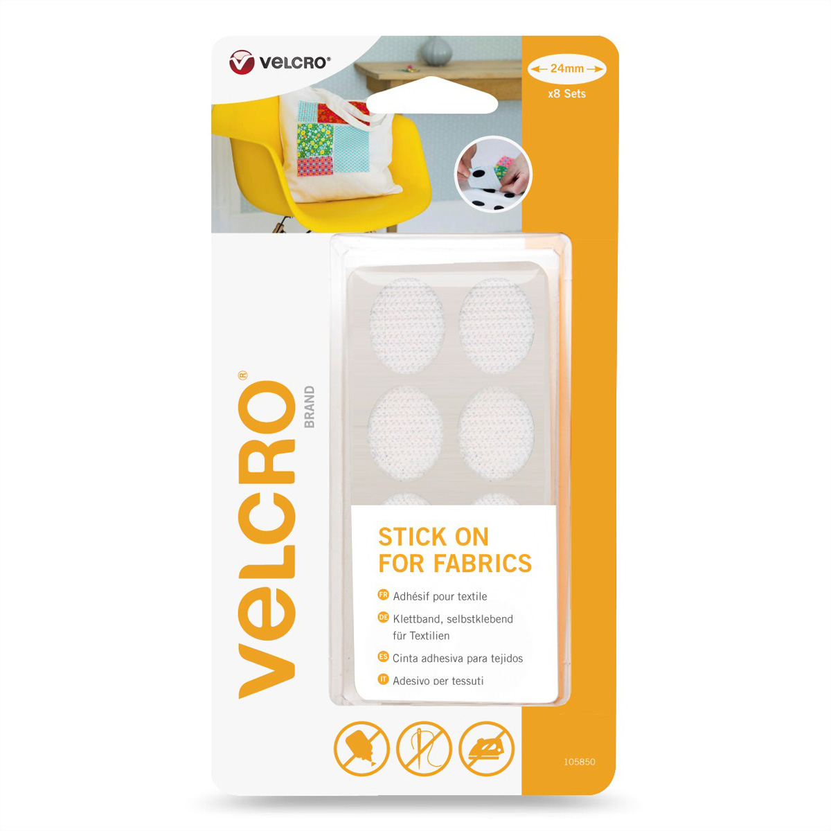 VELCRO® Klettband zum Aufkleben für Textilien, Haken & Flausch 24mm x 8 sets Weiß