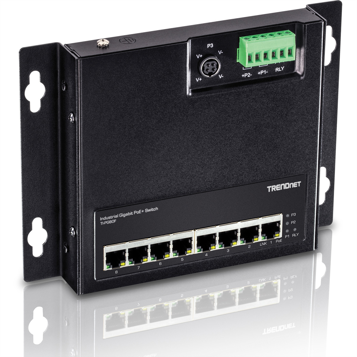 TRENDnet TI-PG80F 8-Port Industrial PoE+ Gigabit Wall-Mount Front Access Switch