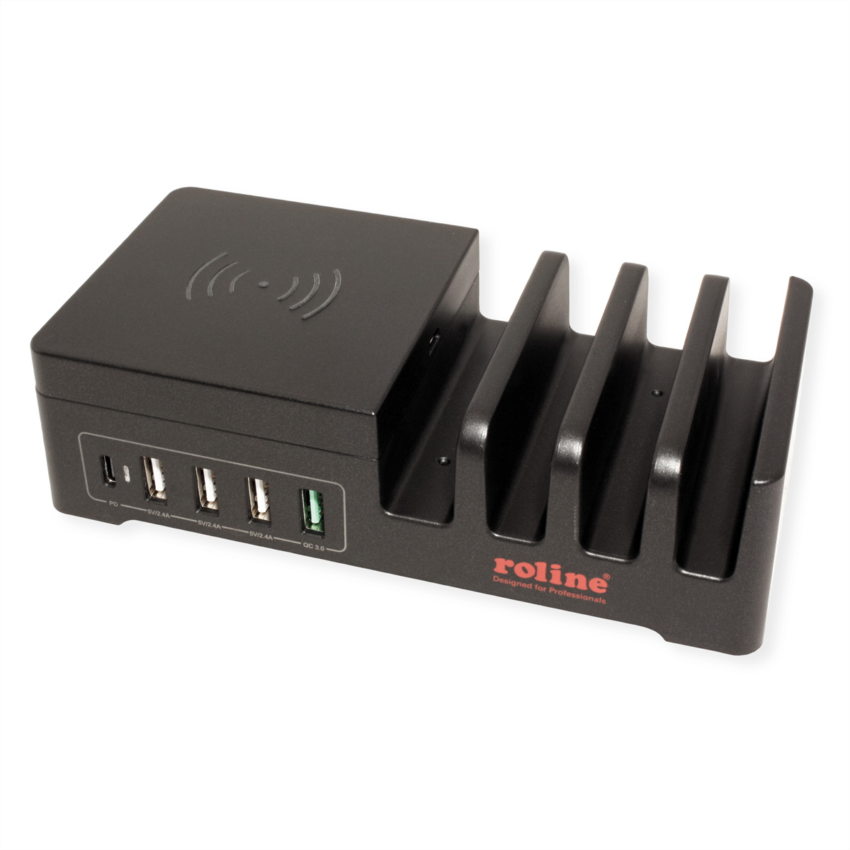 ROLINE USB Ladestation 5 Ports + Wireless Charging Pad für Mobilgeräte, 10W